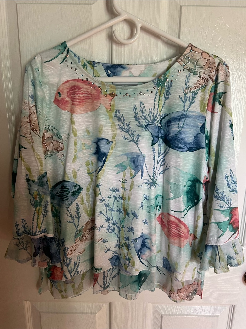 Alfred Dunner Multi-Color Sea Life Print Ruffle-Sleeve Blouse